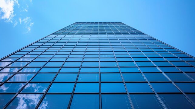 Minimalistic urban design  modern skyscraper architecture captured from below against blue sky