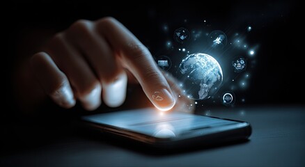 A hand touches a phone screen, with a 3D holographic globe and digital icons floating above it