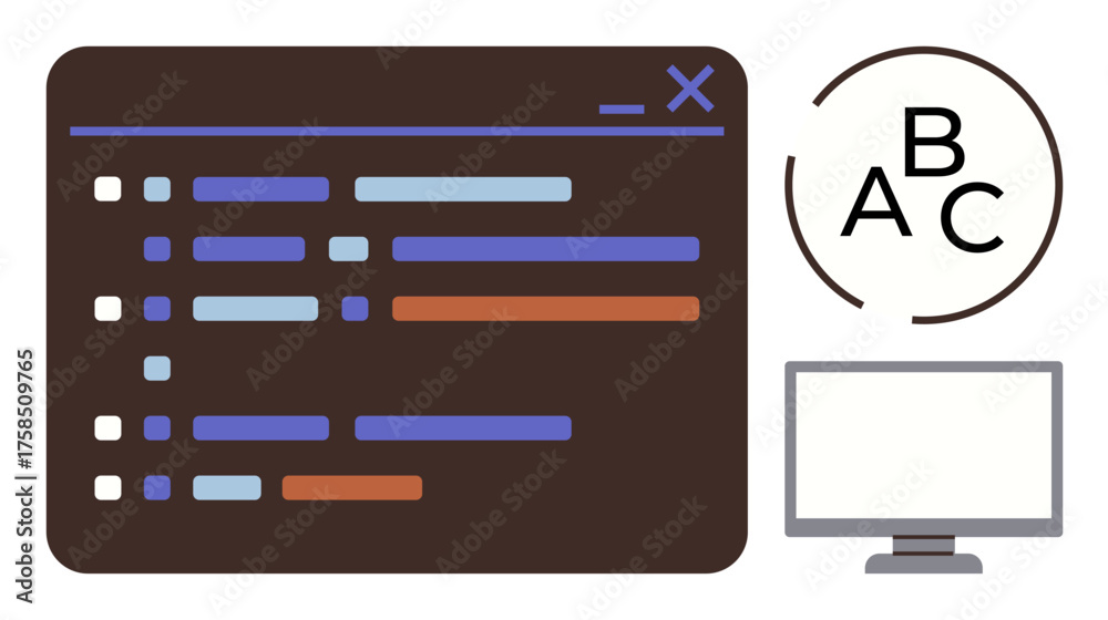 Wall mural coding interface with lines, computer monitor, and alphabet circle symbol. ideal for programming, co