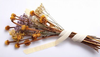 Dried Flowers Isolated On White Attached With Stripes Of Sticky Tape