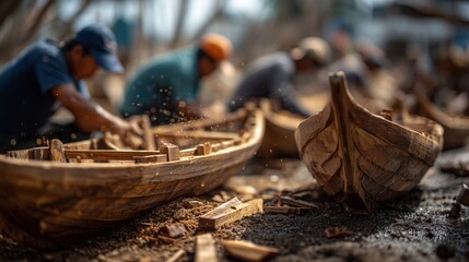 Men craft wooden boats, surrounded by wood shavings and wooden fragments. In the workshop, men focus on their wooden boat creations amidst the scattered wood.