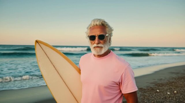 Senior Man in Sunglasses Holding Surfboard at Sunny Beachside Location

