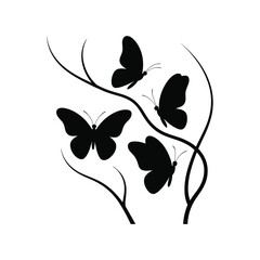 Silhouette of Butterflies on Branches Isolated on White Background