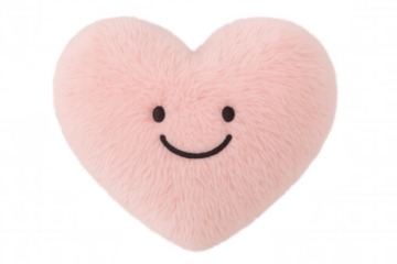 Pink heart shaped plush toy with a happy smiling face, symbolizing love, happiness, and kindness, on transparent background