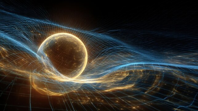 realistic scientific visualization of gravitational waves from the Sun, spacetime curvature grid around a glowing solar sphere, luminous gravity