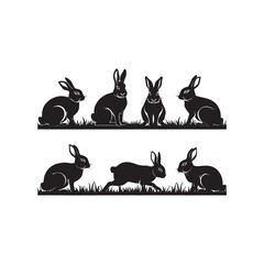 Black and White Silhouette Illustration of Rabbits Sitting and Hopping on Grass