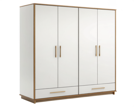 Fourdoor wardrobe with white doors and wooden frame isolated on transparent background - Powered by Adobe