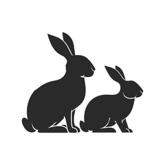 Silhouette of Two Rabbits Isolated on White Background