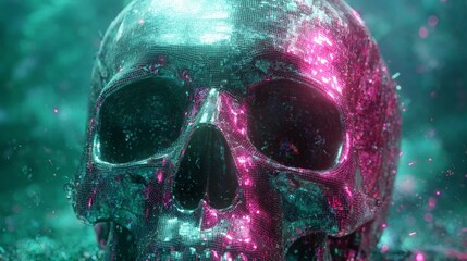 Crystal skull radiates vibrant colors, surrounded by sparkling particles, creating a mystical underwater scene with an ethereal ambiance and captivating visual appeal