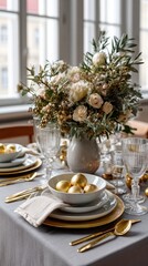 Fototapeta premium chic christmas brunch table soft pastel tones golden utensils daylight celebration mood