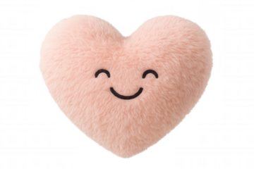 Pink fluffy heart pillow with happy smiling face expressing love, happiness, care, and friendship