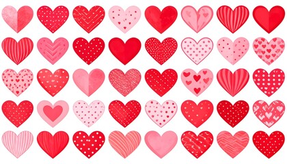 Collection of various pink and red heart shapes on white background