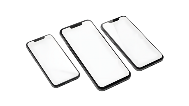 Modern Communication: Three sleek smartphones showcase blank screens, a symbol of endless possibilities for the user. Modern design and technology for information transmission 
