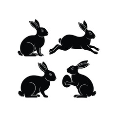 Set of Black Rabbit Silhouettes in Different Poses Vector Illustration
