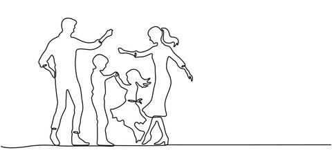 Continuous one line drawing of happy family holding hands, walking together, Happy family in continuous line art drawing style. Front view of parents with their little kid holding hands and enjoy.