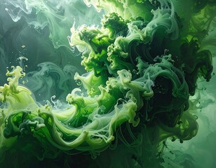 Abstract depiction of vibrant green and yellow swirls amidst soft, hazy gradients
