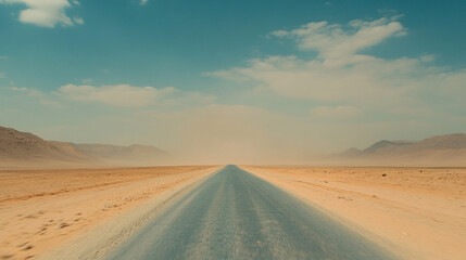 Naklejka premium Desert highway stretching toward the horizon under intense heat with shimmering mirage reflections and hazy atmosphere symbolizing isolation travel endurance and summer heat in hyperrealistic style