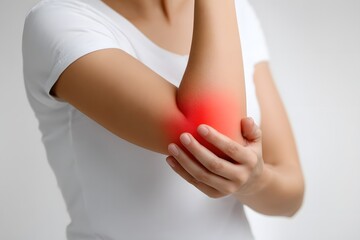Arm experiencing discomfort from pain, a red area highlighting the elbow joint.