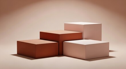 Four geometric pedestals in varying heights and colors, arranged on a neutral background for product display