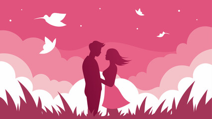 Silhouette couple with birds and clouds
