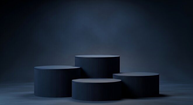 Dark blue cylindrical display stands arranged in a staggered formation