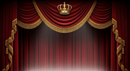 Luxurious red velvet theater curtains with a golden crown and spotlight illuminating the stage
