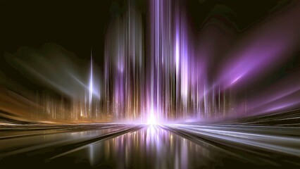 Abstract glowing vertical light rays illuminating a dark futuristic digital cityscape reflecting on a metallic surface, representing speed, technology, and connection