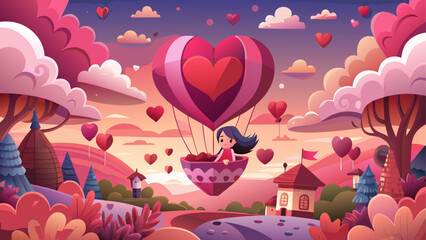 Cartoon girl in heart shaped hot air balloon