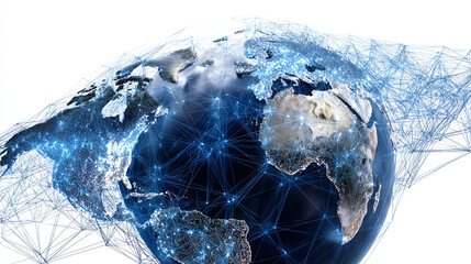 Global Connectivity: A mesmerizing view of the earth veiled in a luminous web of interconnected networks. Capturing the essence of global communication and the digital age.