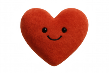 Red plush heart toy with smiling face on transparent background, symbolizing love, happiness, and care
