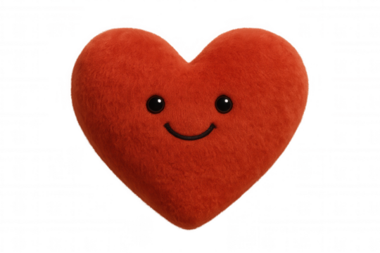 Red plush heart toy with smiling face on transparent background, symbolizing love, happiness, and care