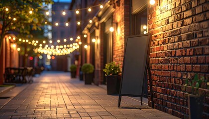 A charming evening scene of a brick-lined street with string lights and a blank chalkboard sign.