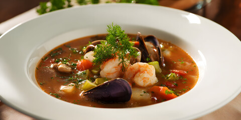 Delicious seafood soup served in a white bowl with shrimp, mussels, and vegetables. Food concept