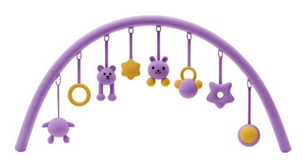 BABY TOYS - Purple baby activity gym with hanging plush toys and rings for infant sensory development and motor skills, perfect for newborn playtime