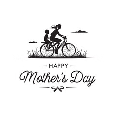Obraz premium Mother and Child Riding Bicycle Silhouette with Happy Mother’s Day Greeting