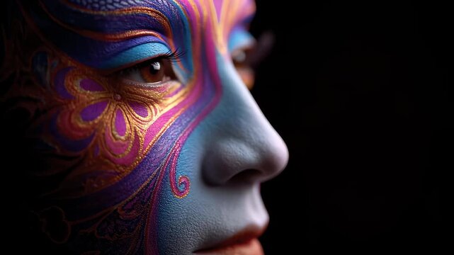 Face Painting Art Shows Mysterious Beauty on Black Background