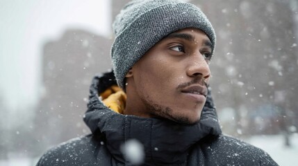 ultra realistic close up of man wearing insulated sporty jacket and beanie, snowy urban background blurred, focus on textures and winter fashion style