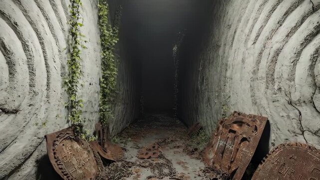 A stone tunnel with spiral carvings, vines, and dark end with old metal objects