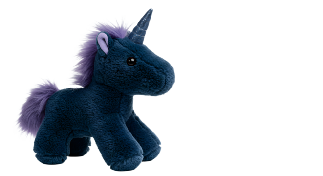 BABY TOYS - Soft plush toy in the shape of a dark blue unicorn with a purple mane and tail, perfect for children's gifts or nursery decor