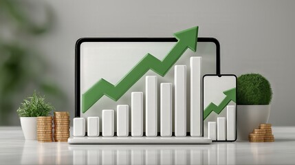 Financial growth chart with an upward curving green arrow and increasing white bars displayed on a tablet and smartphone screen. Surrounded by money coins and plants