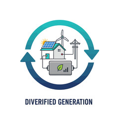 2D flat icon of combined renewable sources, diversified generation in vector