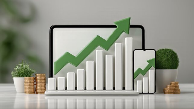Financial growth chart with an upward curving green arrow and increasing white bars displayed on a tablet and smartphone screen. Surrounded by money coins and plants