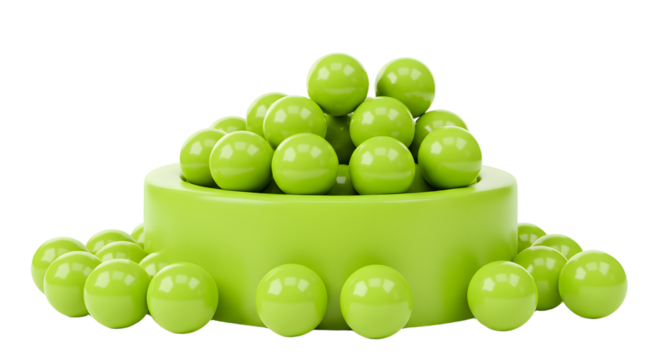 BABY TOYS - Stack of glossy green spheres on a round green platform with scattered balls, minimalistic modern design, perfect for presentations and backgrounds