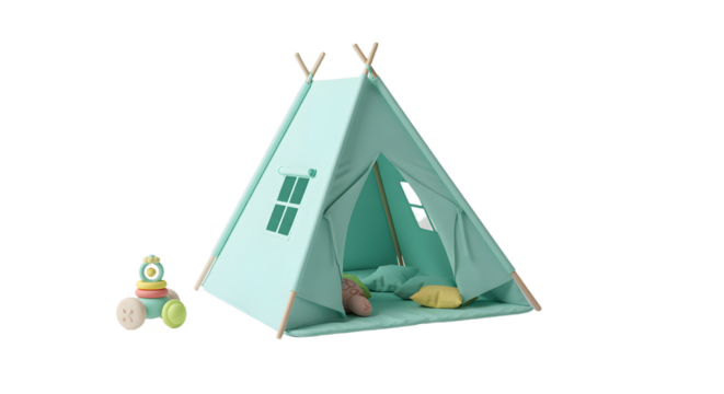 BABY TOYS - Children's play teepee tent with soft pillows and wooden toys, indoor kids' teepee for playroom or nursery, perfect for imaginative play