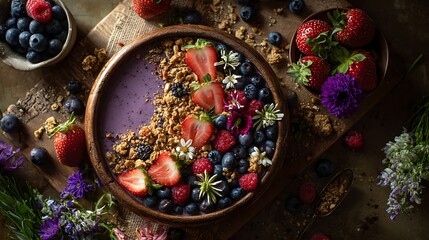 Vibrant berry smoothie bowl topped with fresh fruit and crunchy granola, a healthy and delicious breakfast.