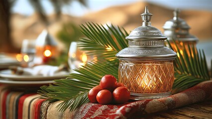 Traditional Ramadan Iftar table setting featuring an ornate glowing lantern, fresh palm leaves, and fruit, celebrating Islamic culture and holiday meals during the sacred month
