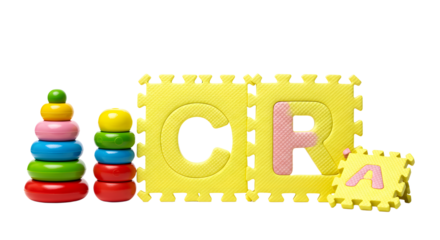 BABY TOYS - Colorful children's stacking rings and foam puzzle letters spelling out CRA, educational toys for early learning and development