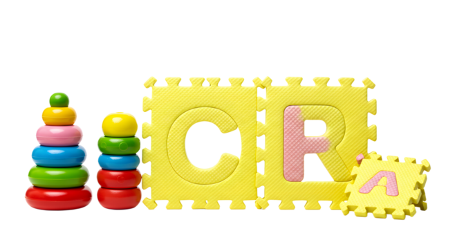 BABY TOYS - Colorful children's stacking rings and foam puzzle letters spelling out CRA, educational toys for early learning and development