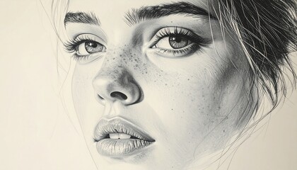 Intricate monochrome charcoal portrait of a young woman, meticulously drawn with expressive eyes and delicate freckles, capturing a profound sense of serene natural beauty and artistic realism