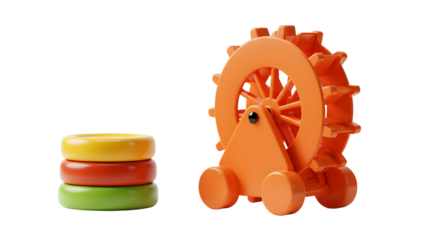 BABY TOYS - Colorful wooden toy gears and stackable rings in orange, yellow, red, and green on white background, perfect for educational play and early childhood development